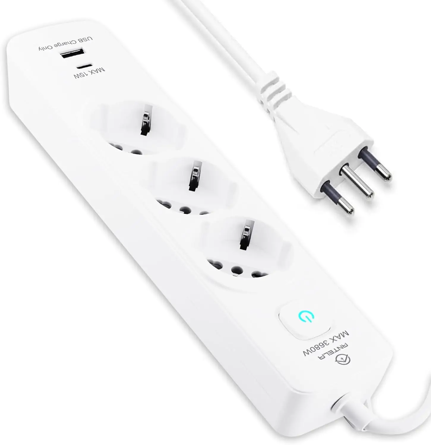 Faixa de alimentação multi-soquete com interruptor e cabo, 3 normas italianas universais, 1 USB A + 1 USB C, 1,5 m