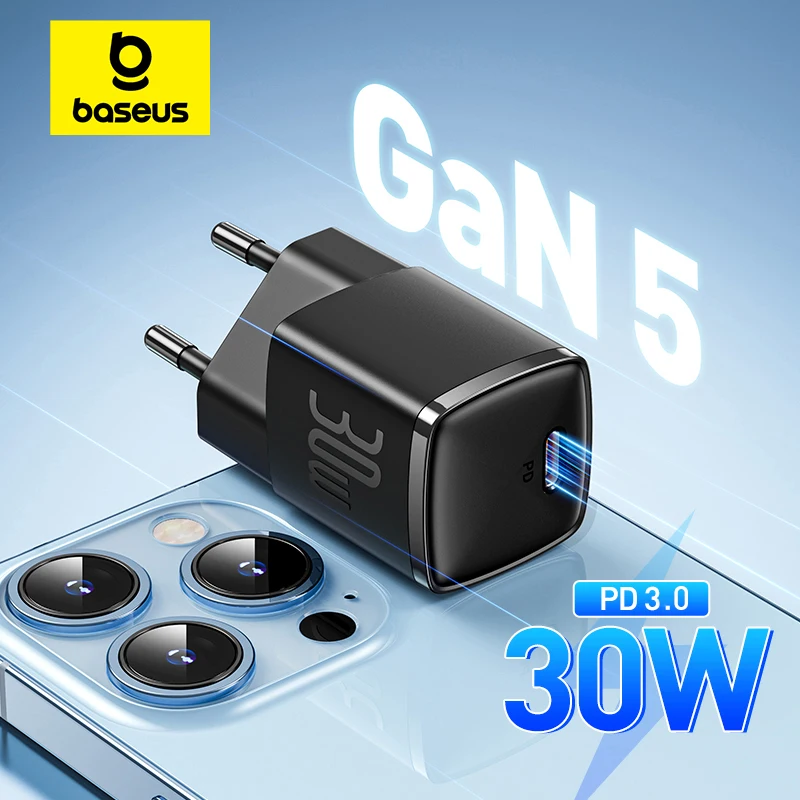 Baseus-GaN PD Charger, Carregador Rápido Tipo C, Suporte QC Phone Charger para iPhone 16, 15, 14, 13 Pro Max, Tablets, Samsung, 30W