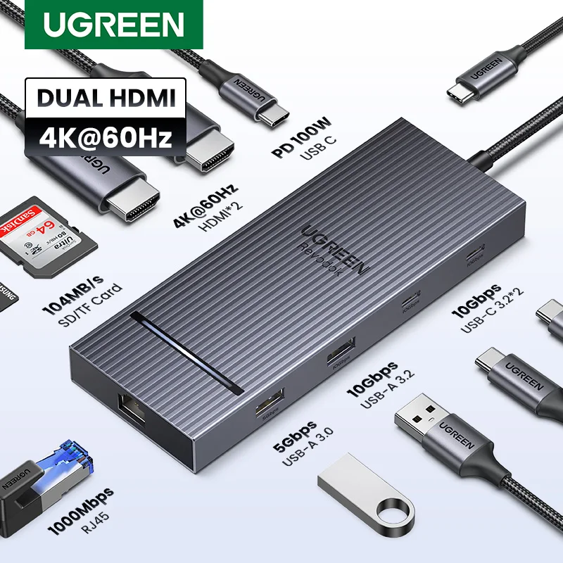 UGREEN USB C HUB 10 em 1 4K60Hz HDMI USB3.2 10Gbps PD100W RJ45 SDTF USB Splitter para laptop Macbook Pro Air iPad Docking Station