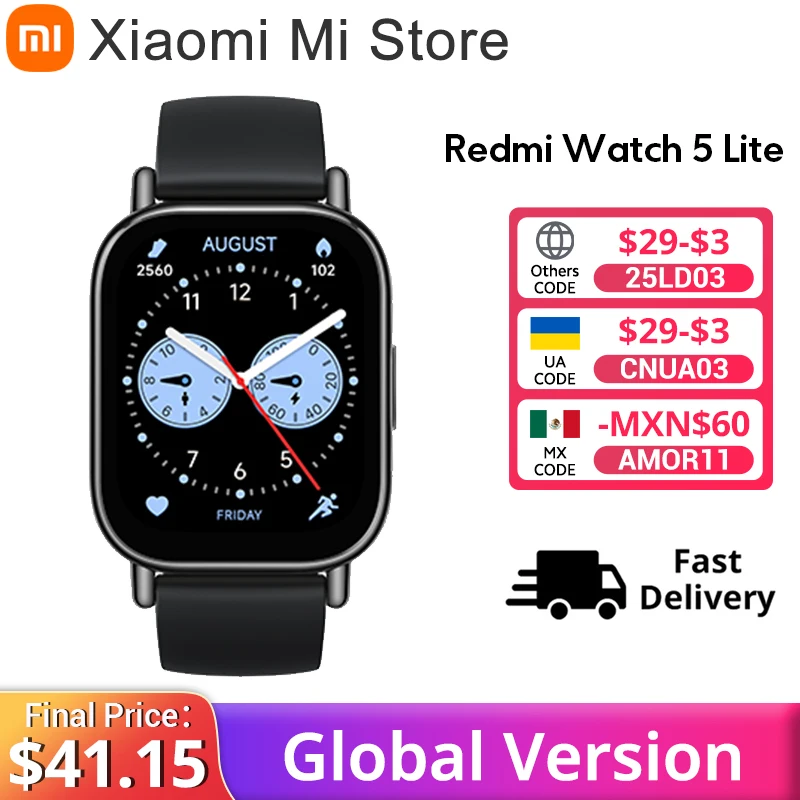 Versão global Xiaomi Redmi Watch 5 Lite Tela AMOLED de 1,96 '' Vida útil da bateria de 18 dias Bluetooth ®   chamando GNSS incorporado 5ATM