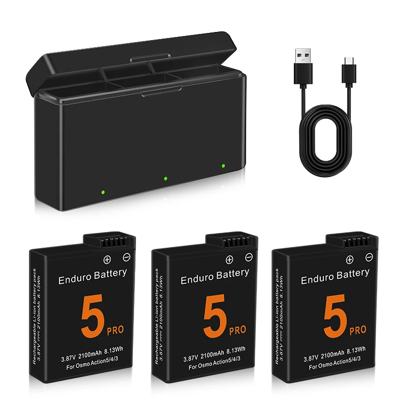 Bateria para dji osmo action 5 pro, baterias para câmera de ação, 3 espaços, carregador rápido, bateria de 2100mah para osmo 3 4 5 pro, acessórios
