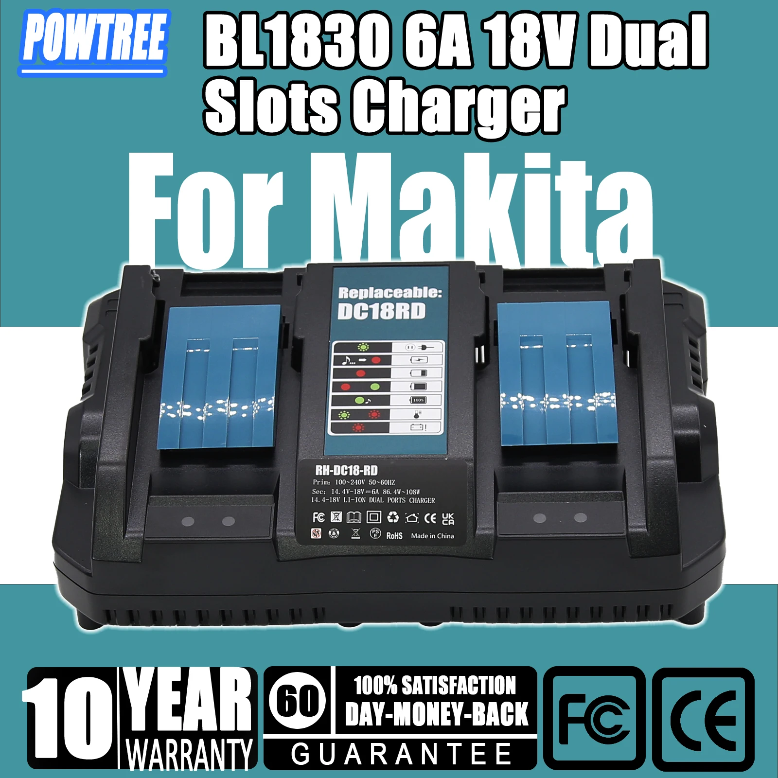 Carregador duplo dc18rd 18v para makita bl1830 bl1415 bl1430 bl1840 bl1850 bl1860 14.4v-18v substituição de bateria de íon-lítio carregador 6a