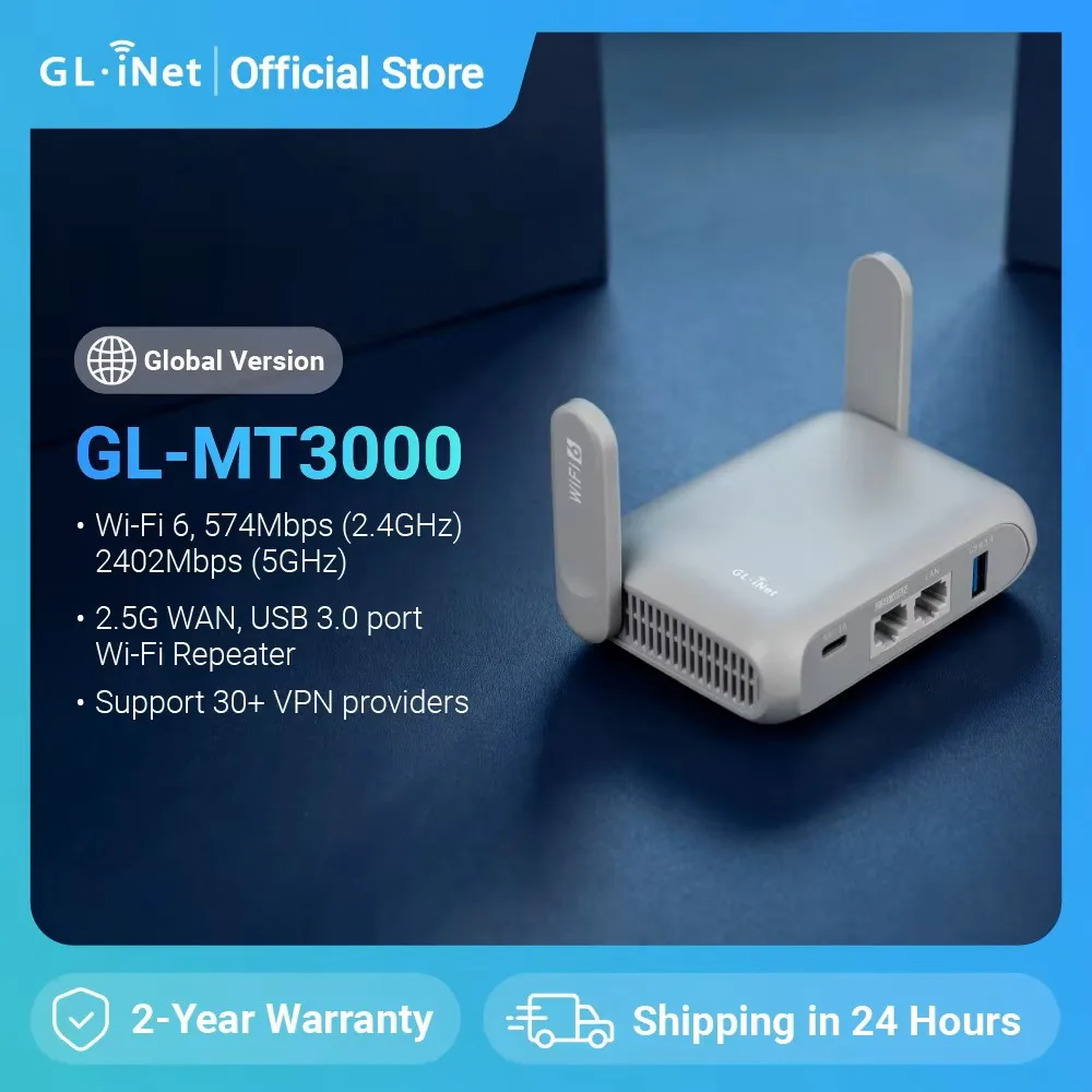 GL.iNet GL-MT3000 (Beryl AX) Roteador Gigabit de viagem sem fio Wi-Fi 6, conexão Wi-Fi público e de hotel, portal cativo, segurança cibernética