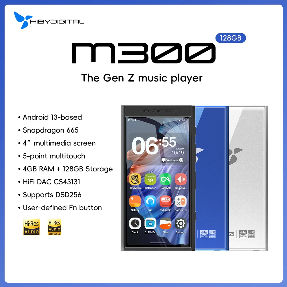 Hiby digital m300 android 13 leitor de música mp3 áudio de alta fidelidade bluetooth wifi dsd256 rádio fm microfone duplo alto-falante embutido ips 29 horas 128gb