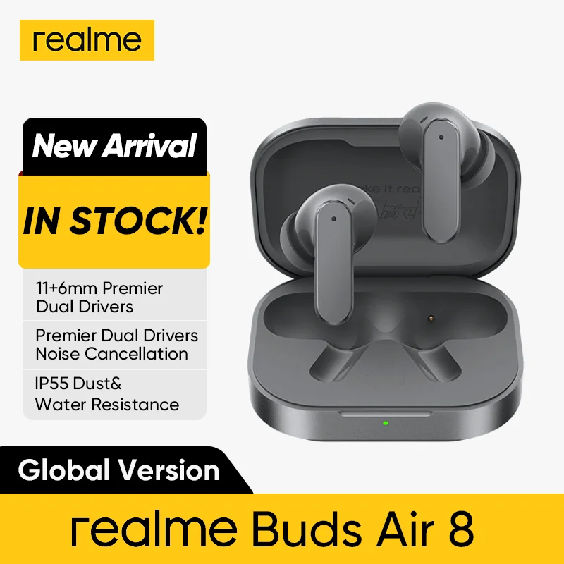 Versão Global realme Buds Air 8 Fones de Ouvido Sem Fio com Cancelamento de Ruído Ultra Profundo de 55dB Bluetooth 5.4 LHDC 5.0 IP55