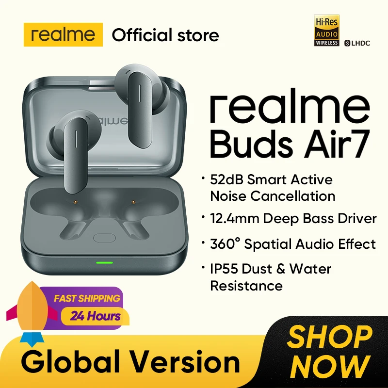Versão global realme buds air 7 tws fone de ouvido 52db cancelamento de ruído 52 horas de vida útil da bateria 12.4mm driver baixo lhdc 5.0 ip55