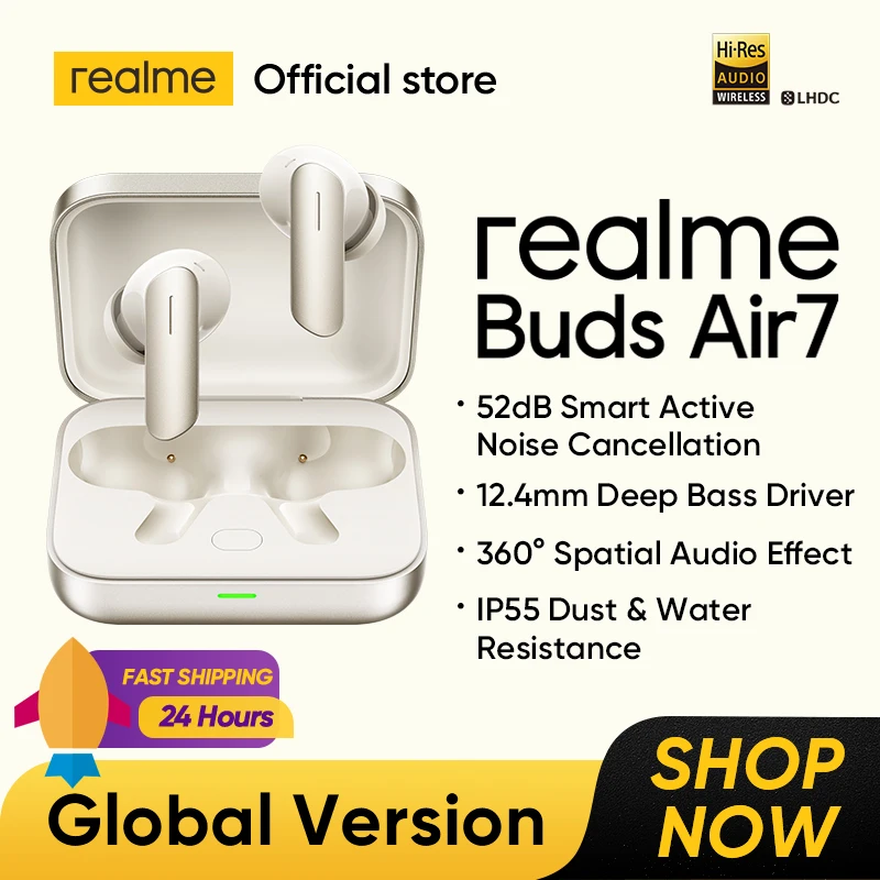 Realme Buds Air 7 TWS Fone de ouvido 52dB Cancelamento de ruído 52 horas de vida útil da bateria 12,4 mm Driver de graves LHDC 5.0 Bluetooth 5.4 IP55