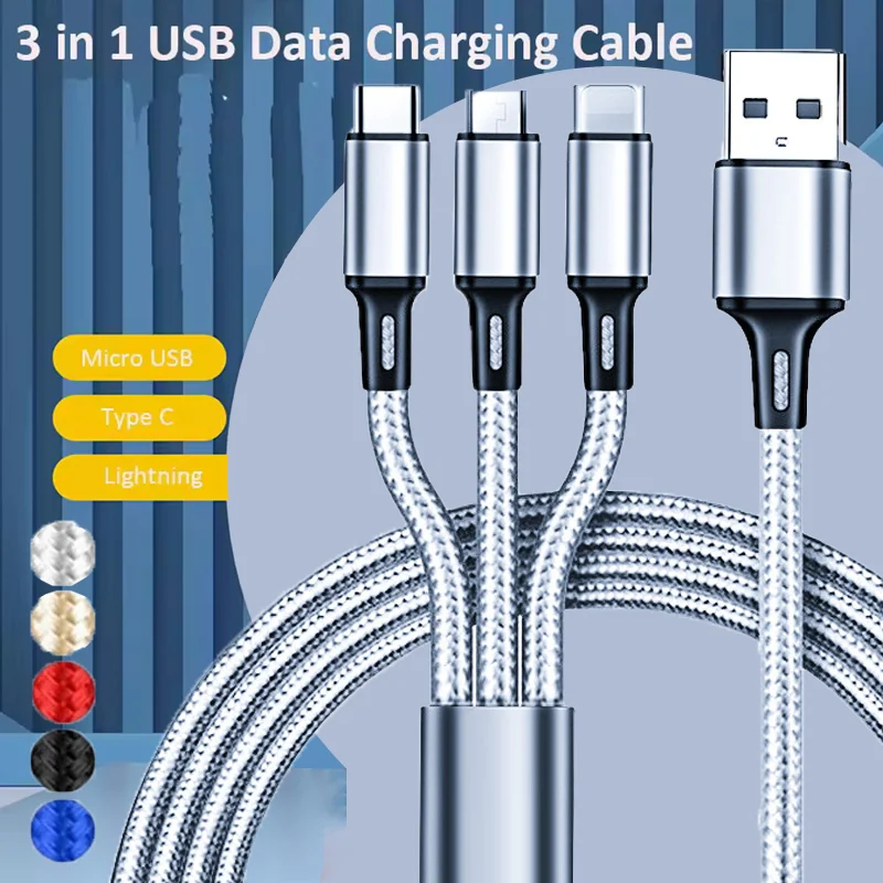 Cabo usb 3 em 1, micro usb tipo c, cabo carregador multi 2a, porta usb, cabo de carregamento rápido para xiaomi iphone 11 12 13 pro max samsung