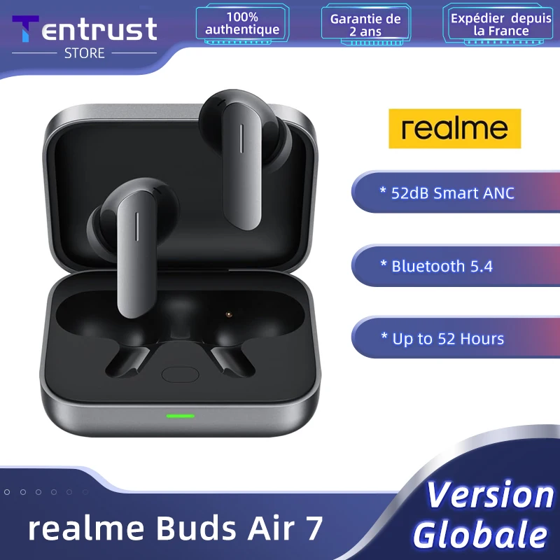 Realme Buds Air 7 Versão Global Fone de ouvido sem fio, 52dB Cancelamento de Ruído Ativo, Bluetooth 5.4, até 52 horas de duração da bateria