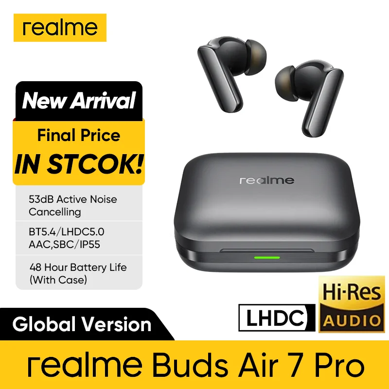 Versão global realme Buds Air 7 pro 53dB Cancelamento de ruído em alto mar AI Interpretação simultânea LHDC 5.0 Bluetooth 5.4