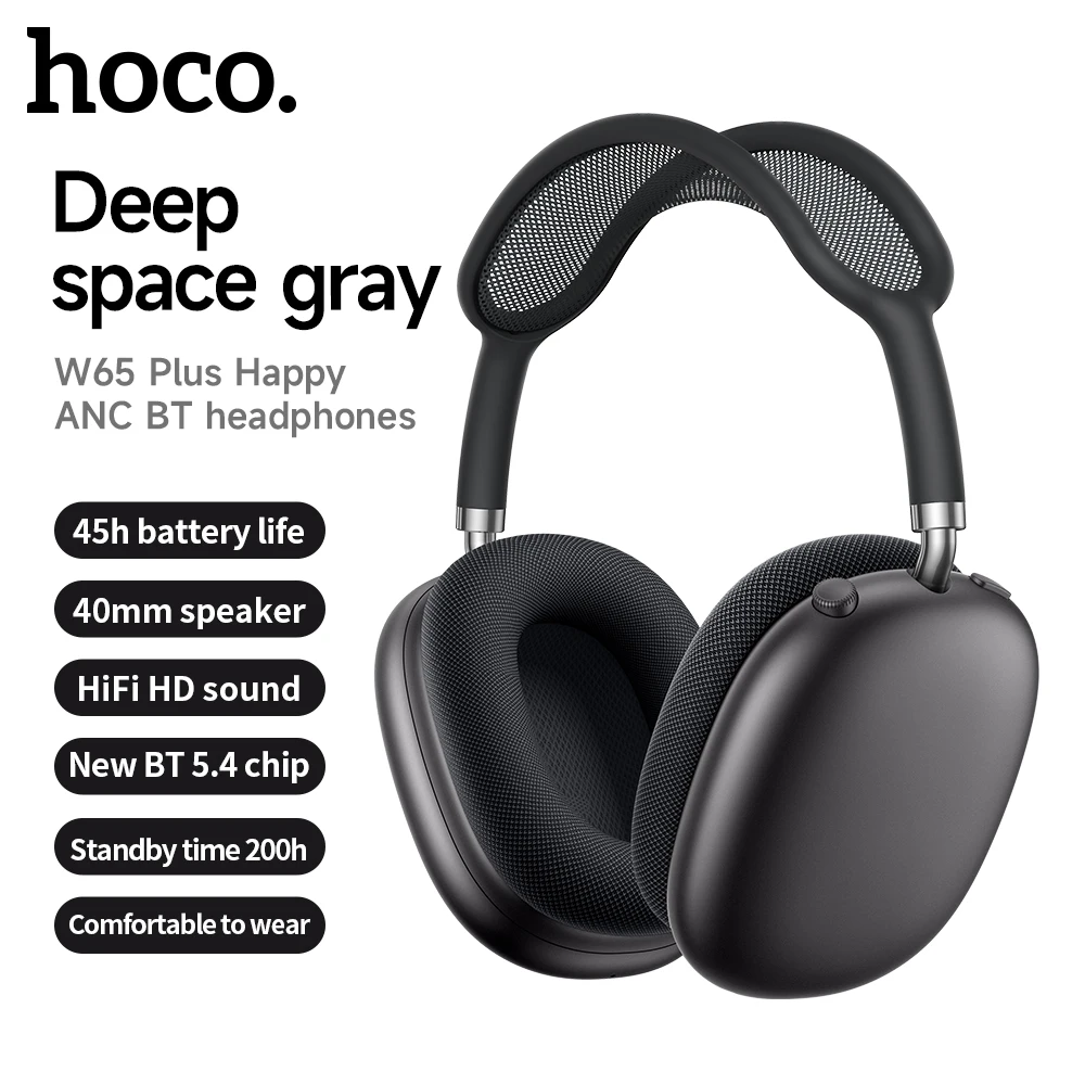 Hoco w65 plus anc redução de ruído fones de ouvido bluetooth sobre a orelha sem fio grande fone alta fidelidade sons esporte com botão