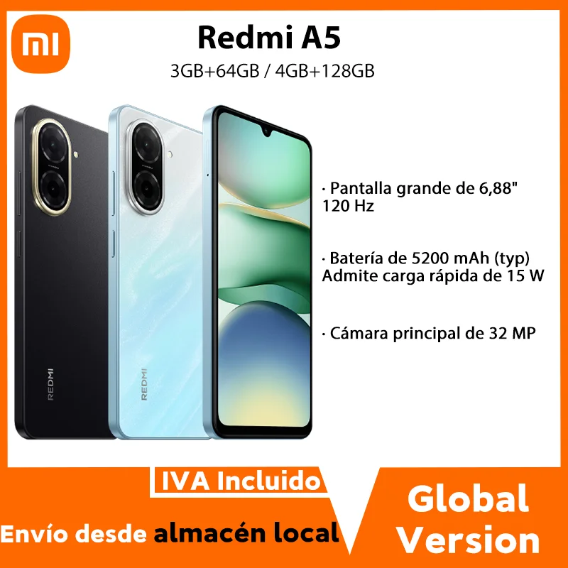 Versão global do telemóvel Xiaomi Redmi A5 6.88” 120Hz Display 32MP Câmara 5200mAh Bateria grande Android 15