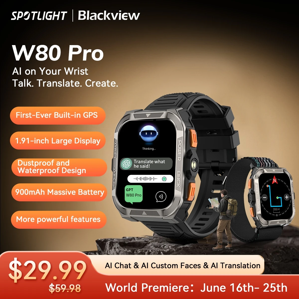 [Estreia mundial] Blackview W80 PRO Relógio inteligente robusto para exterior, smartwatch de posicionamento GPS, display de 1,91 '', 900mAh com lanterna