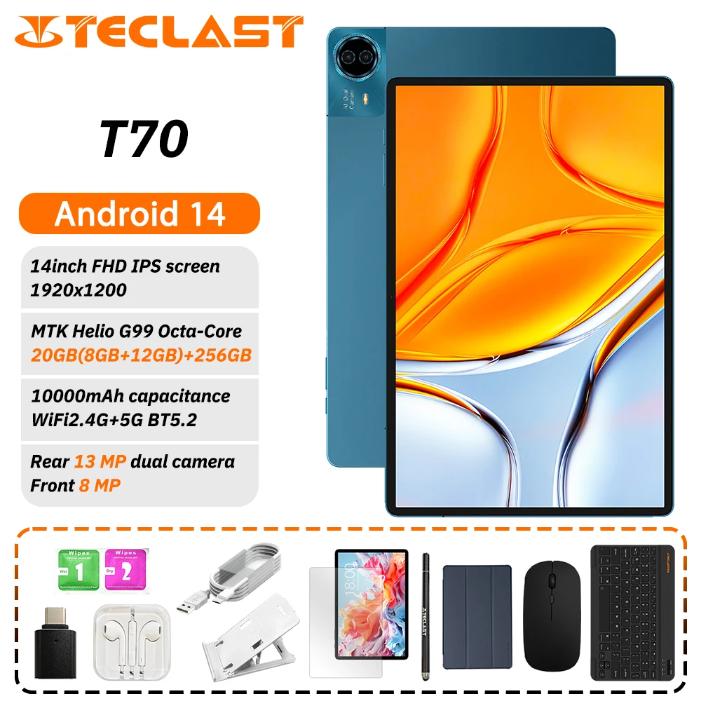Teclast T70 Tablet MTK G99 Octa-Core 14 polegadas FHD IPS Display 8GB RAM 256GB ROM Android 14 WIFI5G 10000mAh 13MP + 8MP 4G Dual SIM