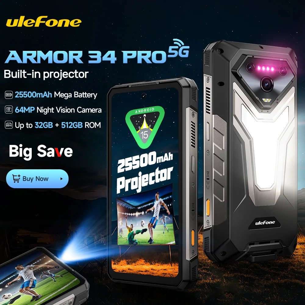 【Primeira estreia mundial】Ulefone Armor 34 Pro 5G AI Rugged Phone 25500mAh até 32GB + 512GB Projetor embutido 120Hz 6.95 “NFC Smartphone LED Light IP69K Mobile Phone