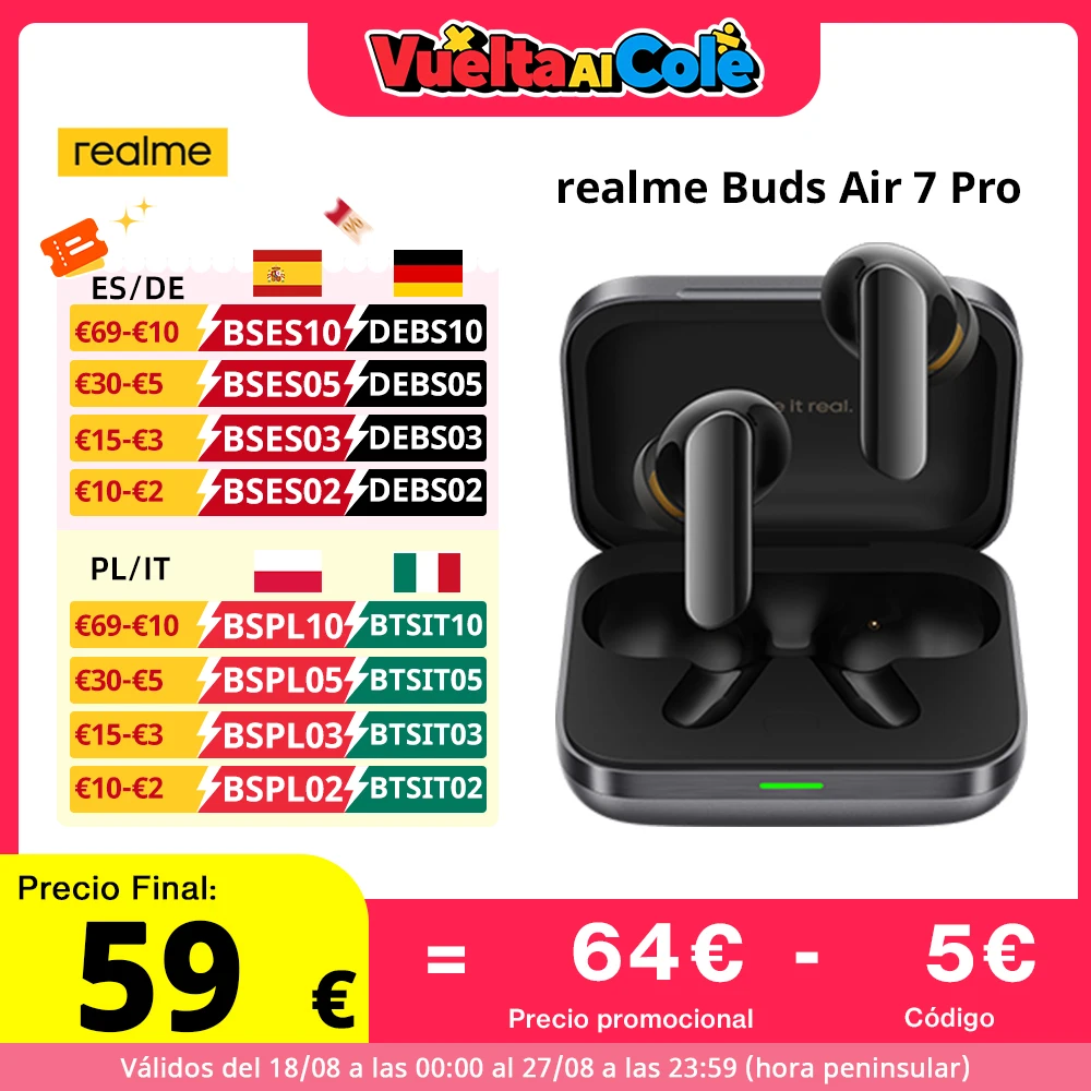 Versão global realme Buds Air 7 Pro Auscultadores sem fios 53dB com cancelamento de ruído em tempo real 11+6mm Dual-DAC Driver Al Live Translator