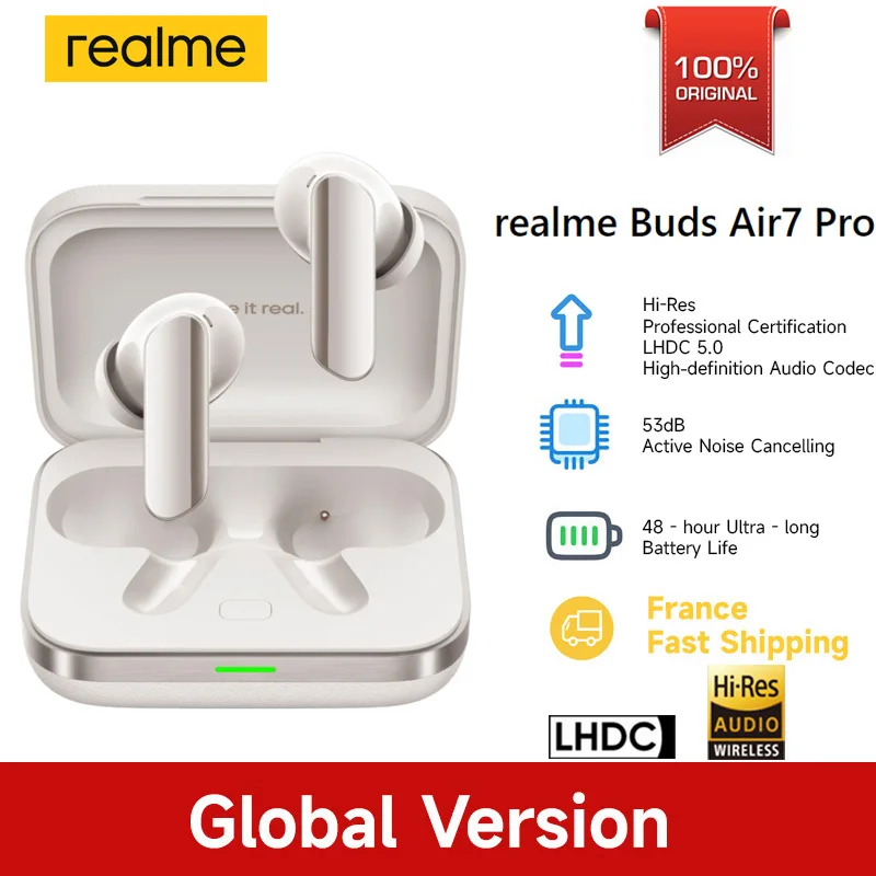 Versão global realme Buds Air 7 pro 53dB Cancelamento de ruído profundo-mar AI Interpretação simultânea LHDC 5.0 Bluetooth 5.4