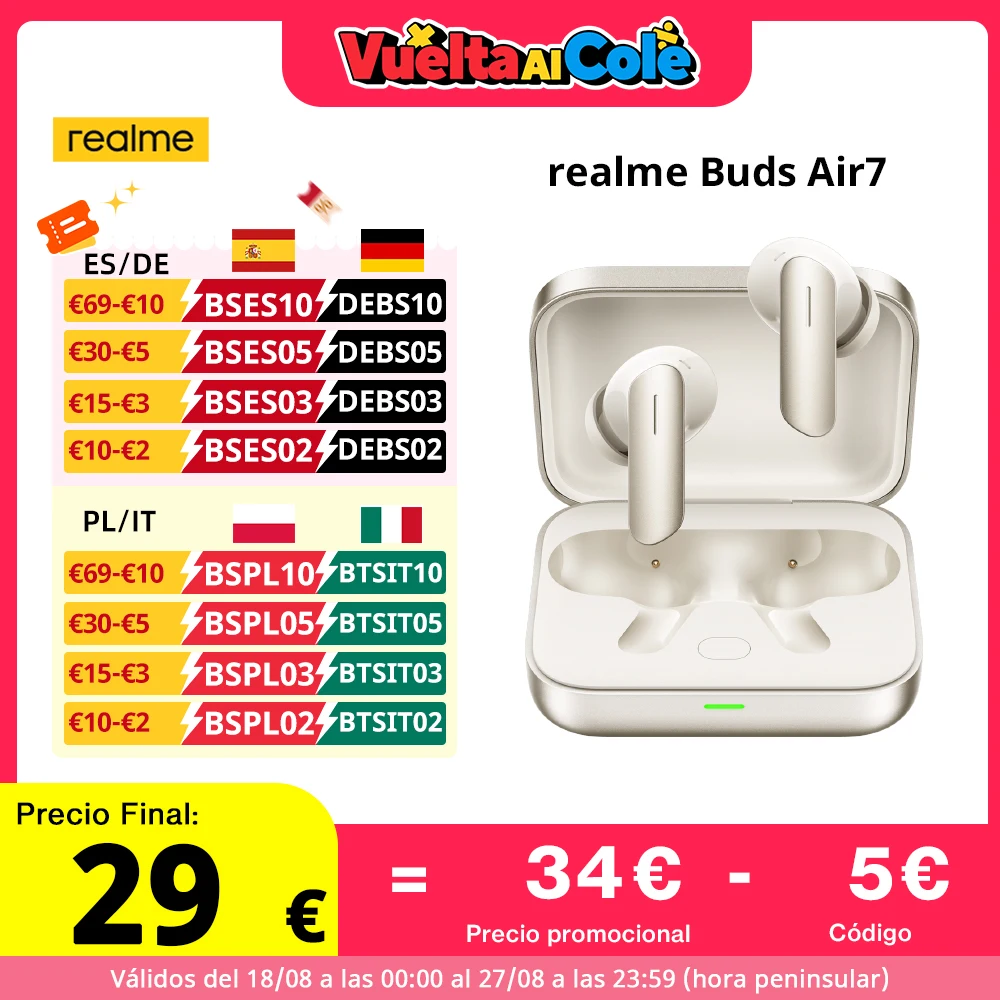 Versão global realme Buds Air 7 52dB Cancelamento de ruído ativo inteligente 12,4 mm Driver de graves profundos Bluetooth5.4 Efeito de áudio espacial de 360° Auricular IP55