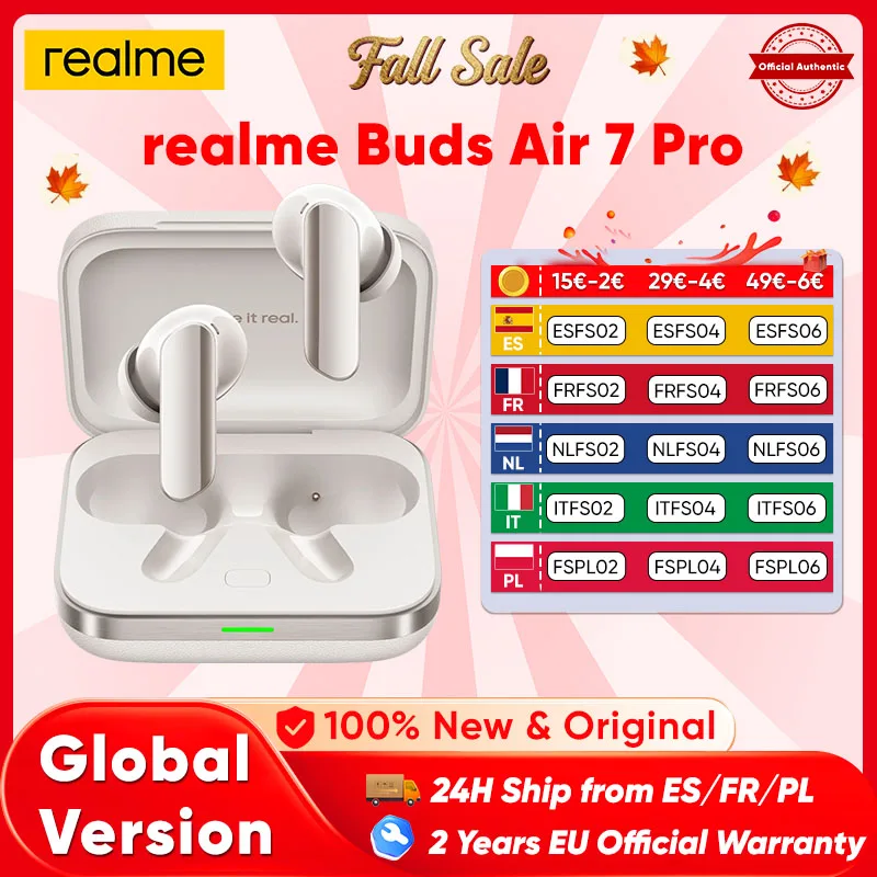 Realme Buds Air 7 Pro Ai Bluetooth Fone de ouvido 53Db 5000Hz Cancelamento de ruído Bt 5.4 48 horas de vida útil da bateria Hi-Res Lhdc 5.0 Ip55 Novo