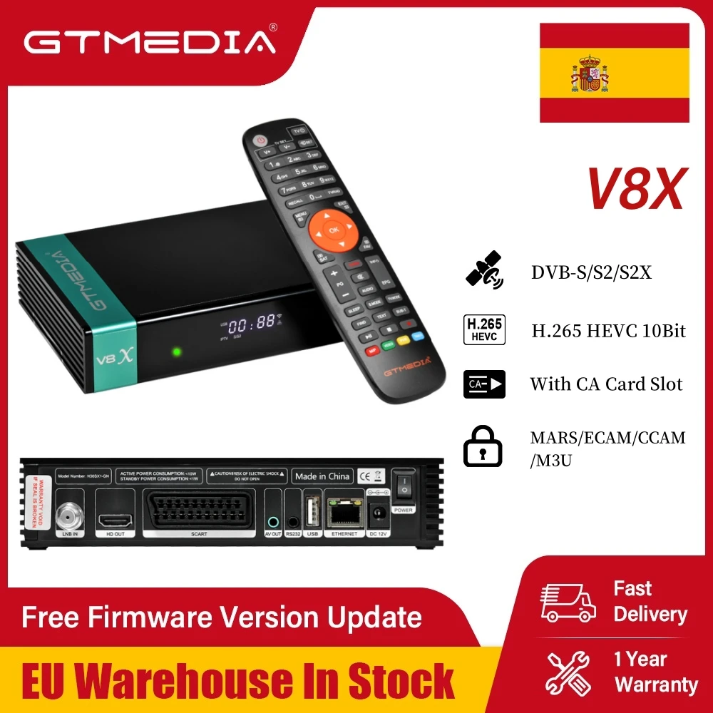 Receptor de satélite gtmedia v8x DVB-S/s2/s2x mars/ecam, 1080p fhd hevc 10 bits, slot para cartão ac caixa de tv suporte mars/ecam/ccam/m3u sintonizador