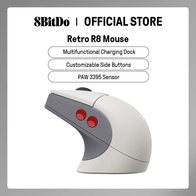 Mouse retrô R8 8BitDo com sensor óptico PAW 3395 DPI 26K, mouse de pesquisa 4K sem fio com base de carregamento - edição N