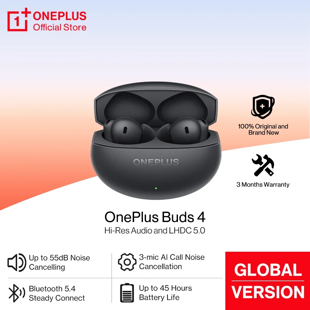 OnePlus Buds 4 Fones de ouvido versão global 55dB ANC AI Chamada com cancelamento de ruído Fones de ouvido portáteis LHDC 5.0 sem fio Bluetooth 5.4