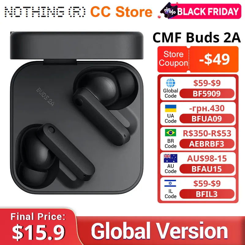 CMF by Nothing Buds 2A Versão Global Driver de 12,4 mm 42dB ANC 4HD MicsLong Bateria Vida útil de até 31H de reprodução IP54 Bluetooth 5.4