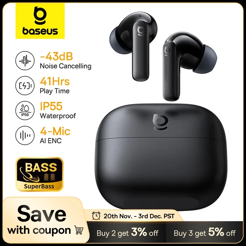 Baseus Bass EP10 NC -43dB com cancelamento de ruído ANC True Wireless Fones de ouvido Bluetooth 6.0 Fones de ouvido intra-auriculares sem fio 4 microfones ENC