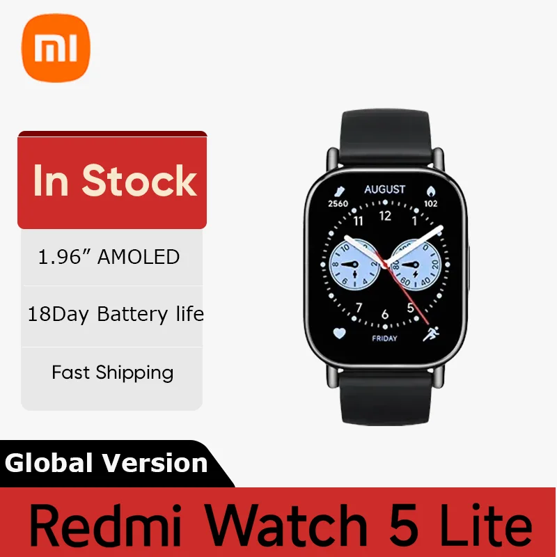 Versão global xiaomi redmi watch 5 lite 1.96 display amoled 18 dias de vida útil da bateria embutido gnss 5atm bluetooth ®   chamando
