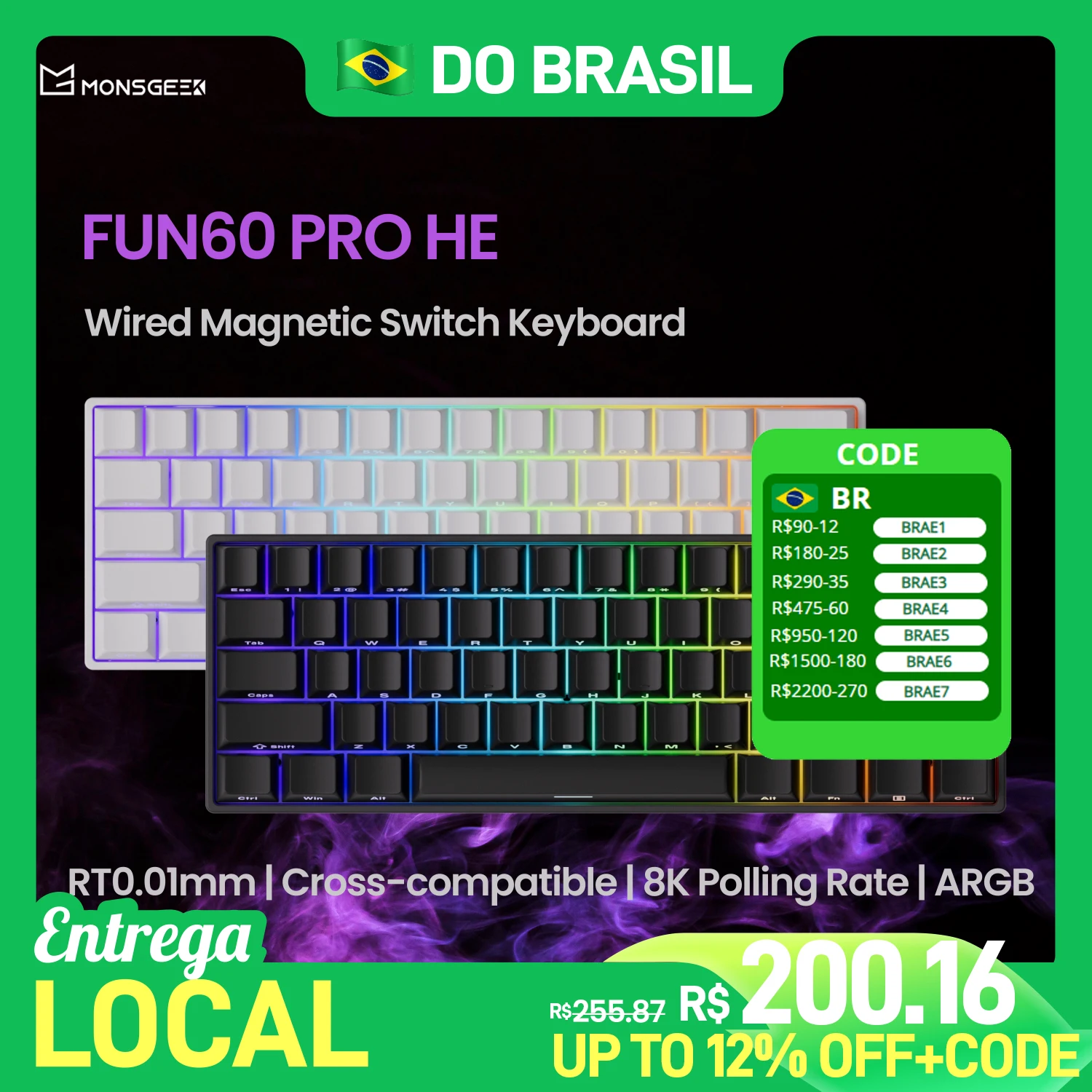 Akko monsGeek fun60 pro he teclado magnético 60% esports teclado para jogos gatilho rápido 0.01mm 8k teclado personalizado com fio para gamer