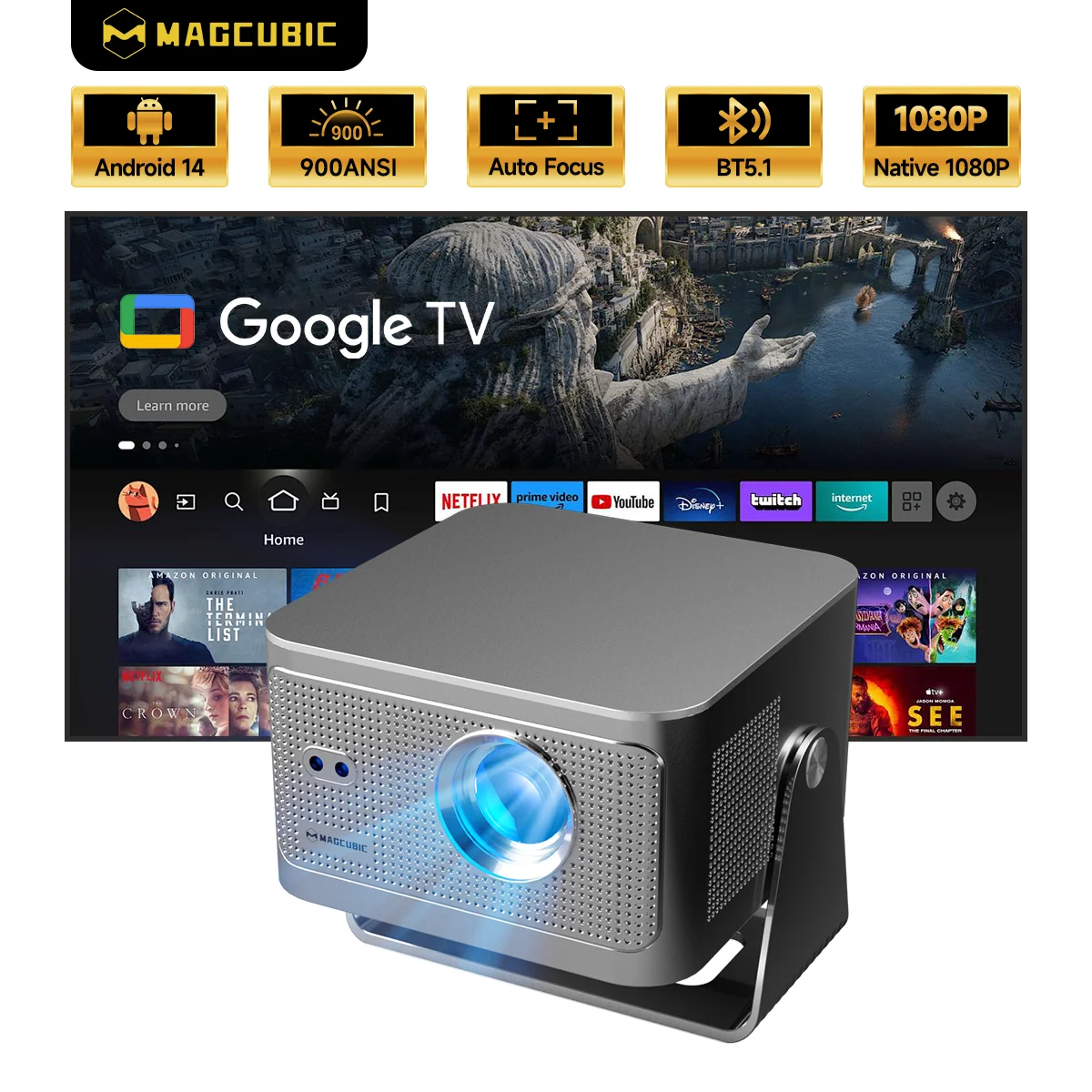 Projetor Magcubic HY350GT 900ansi com Google TV 1080p Projetor nativo com foco automático Feixe portátil Android Home Theater