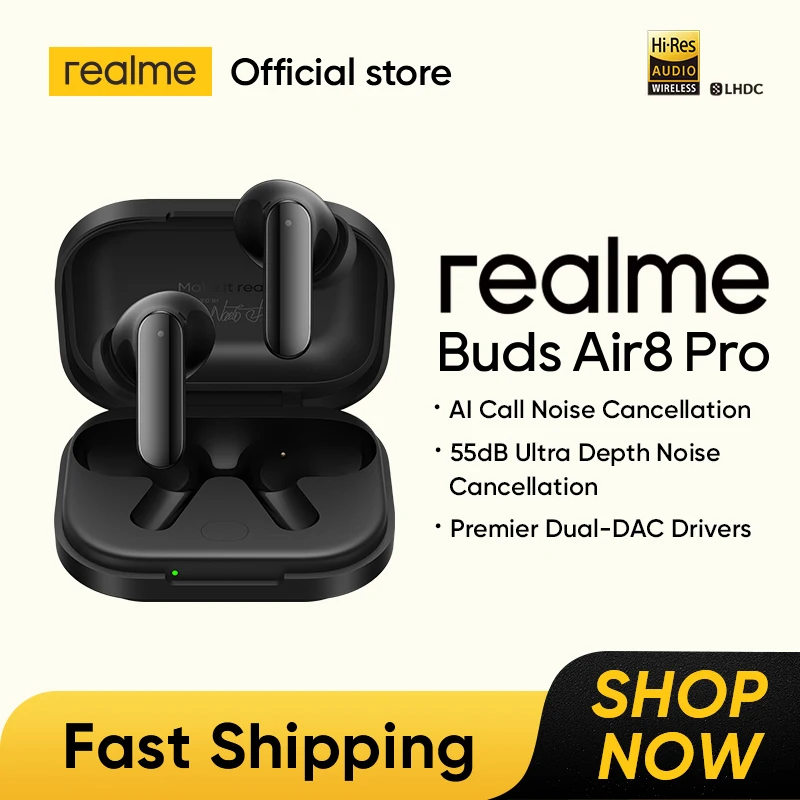 [Novo Lançamento] Fones de Ouvido TWS realme Buds Air8 Pro Versão Global Cancelamento de Ruído de 55dB IP55 Bluetooth 6.1 LHDC 5.0