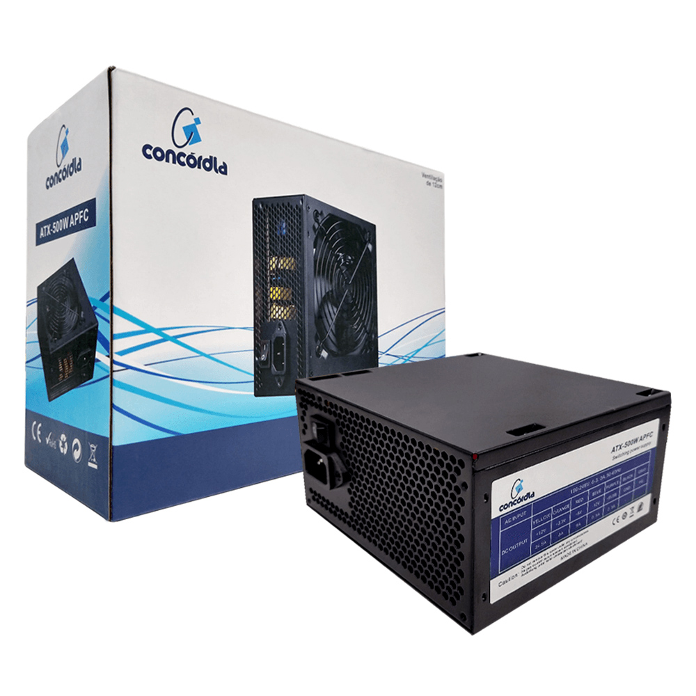 Fonte Concórdia 500w Real, 80 Plus Bronze, automática com PFC ativo.