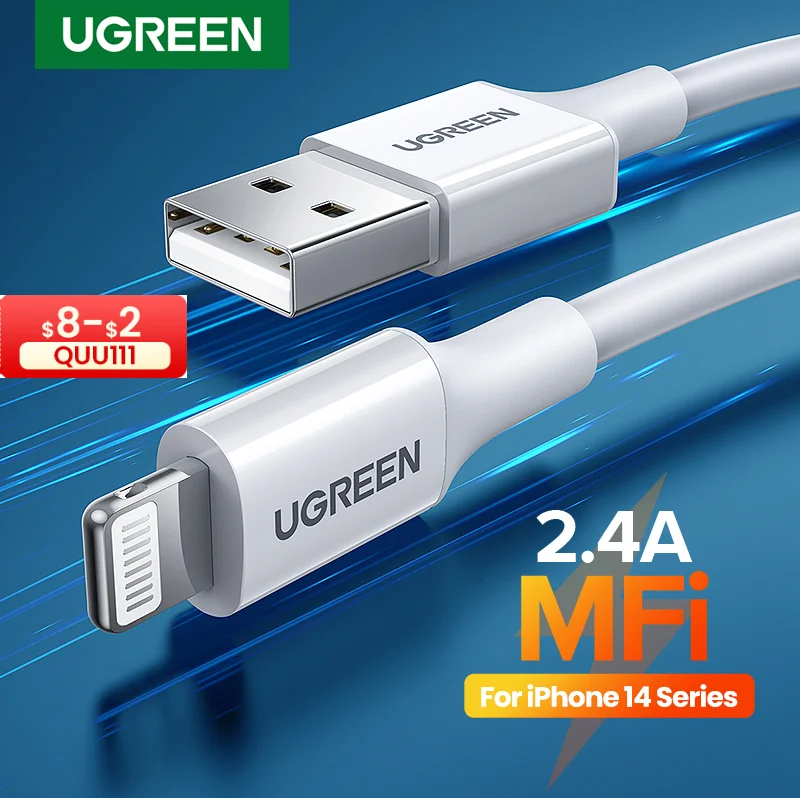 Ugreen mfi usb para relâmpago cabo para iphone 14 13 12 pro max 2.4a carregamento rápido para iphone para ipad telefone cabo de dados