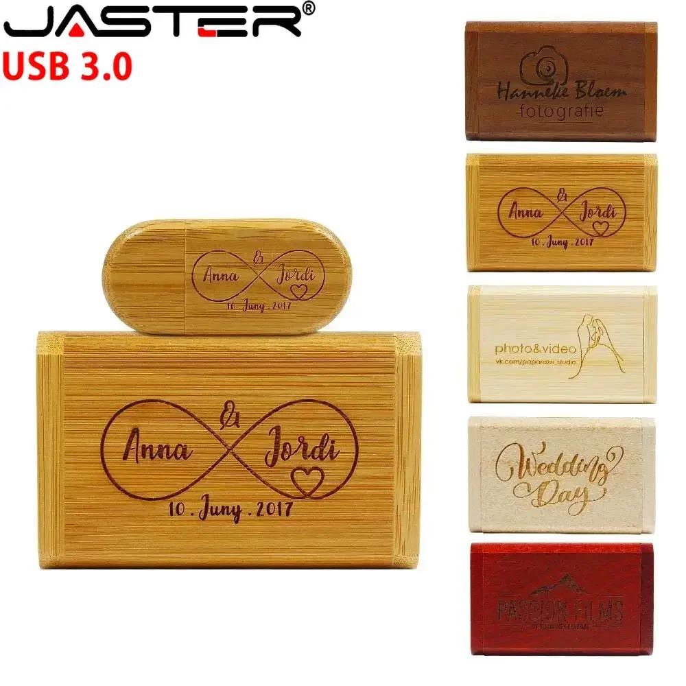 JASTER-Caixa De Madeira Pen Drive com Logotipo Personalizado Gratuito, USB Flash Drive, Pendrive De Bambu, Memory Stick, Presente De Casamento, USB 3.0, 128GB, 32GB, 64GB