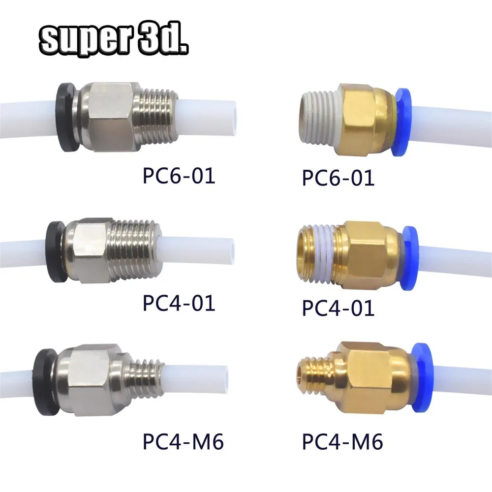 Conectores pneumáticos para impressoras 3D, Bowden Quick Jointer, acoplador, tubulação, Pc4, M6, M10 encaixes, tubo de PTFE, 2mm, 1.75mm, 3mm, 2pcs