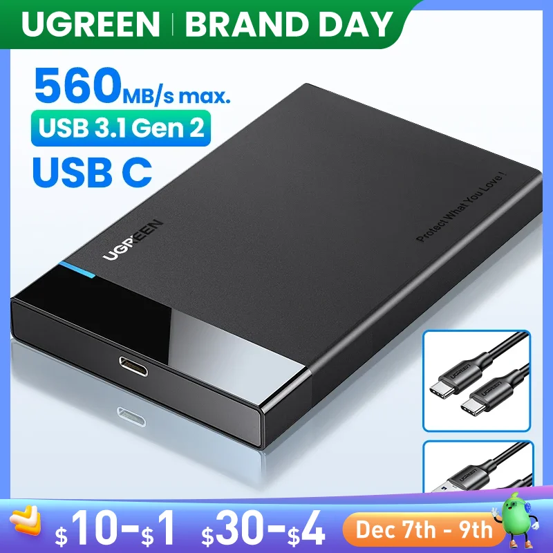 Ugreen-Case HDD, adaptador de disco rígido SATA 2.5 para USB 3.0, gaveta para disco SSD tipo C 3.1, estojo para HD externo