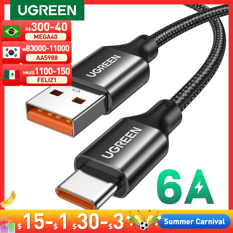 UGREEN-USB Tipo C Cabo para Carregamento Rápido, 6A, Huawei Companheiro, 60, Honra, 100W, 88W, Super Carga, Xiaomi