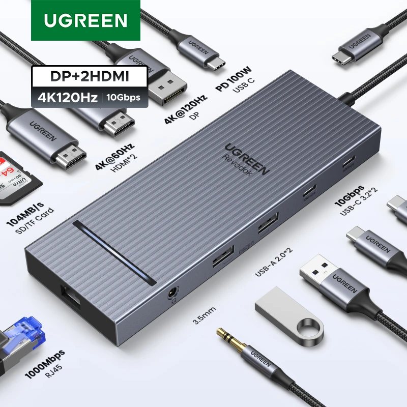 UGREEN USB HUB 4K120Hz DP Tipo-C para 4K60Hz 2xHDMI SD/TF RJ45 3,5 mm USB3.2 Gen2 10 Gbps de dados para laptop Dell HP Lenovo Acessórios
