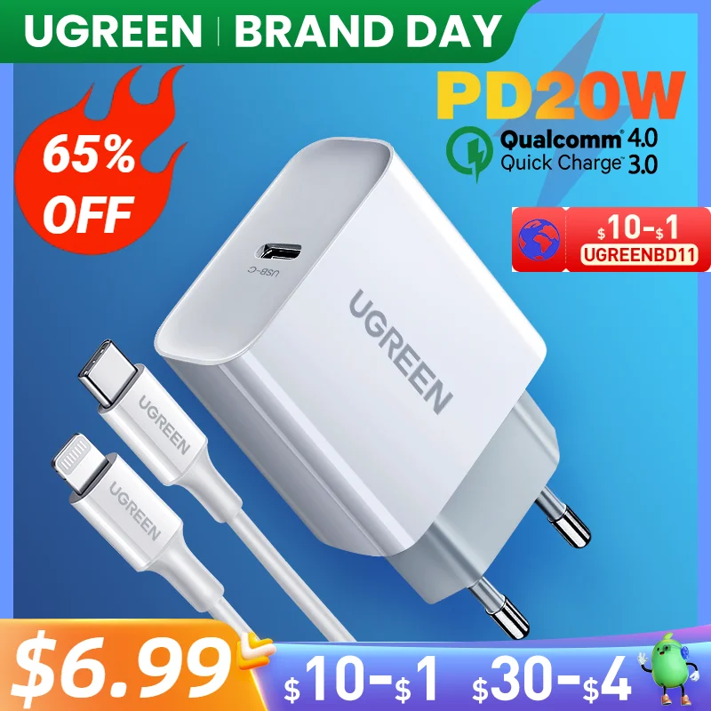 UGREEN Quick Charge 4.0 3.0 QC PD Charger 20W QC4.0 QC3.0 USB Tipo C Carregador Rápido para iPhone 15 14 13 12 Xiaomi Phone PD Charger