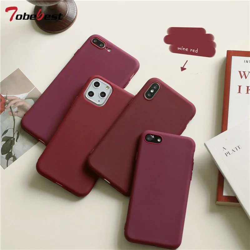 Vinho fosco vermelho caso de telefone para o iphone 14 13 12 11 pro xs max xr x 8 7 6s 6 plus se 5 5S casos de silicone cor sólida tpu macio capa