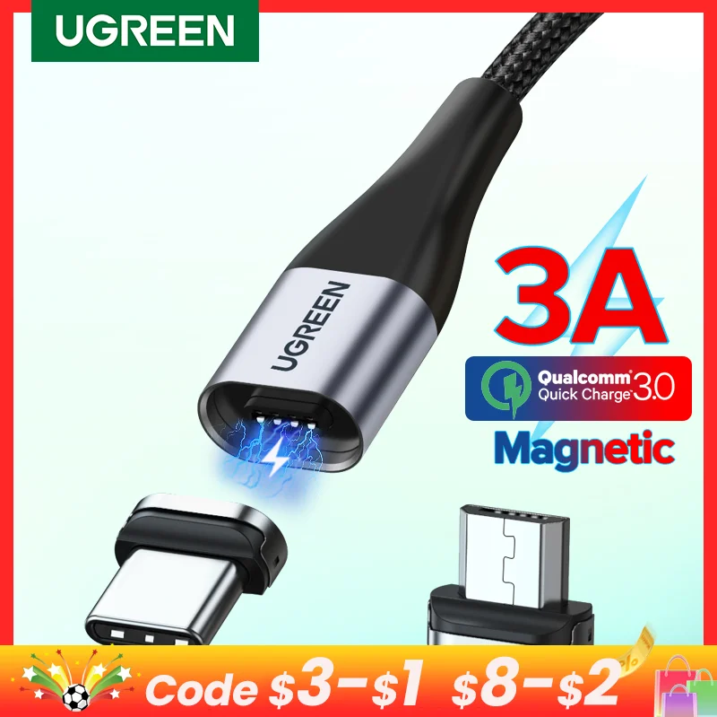 Ugreen usb c cabo magnético usb tipo c para xiaomi samsung magnético micro usb c cabo 3a tipo de carregamento rápido c carregador cabo de fio