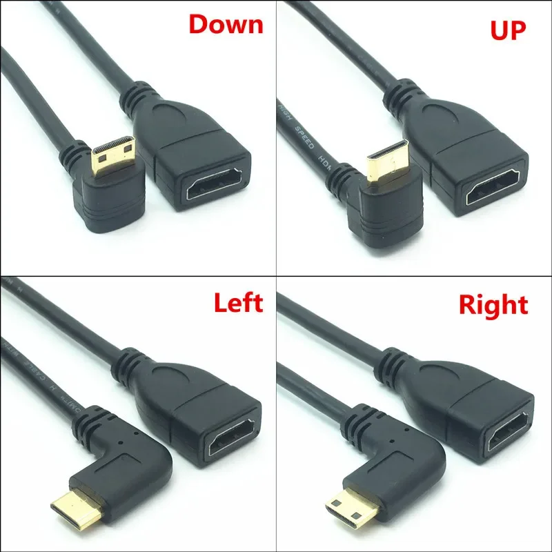 Mini HDMI compatível com cabo HDTV, macho para fêmea, adaptador conversor angular direito de 90 graus, conector de extensão M-F, 1080P