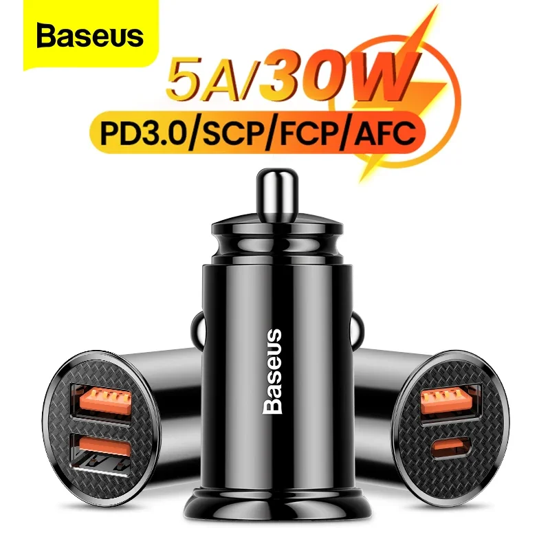 Baseus-Carregador de Carro USB para iPhone 14 Pro, Carregamento Rápido, Carregamento Rápido, QC 4.0, PD 3.0, 5A, Dual USB, Tipo C, Xiaomi, POCO