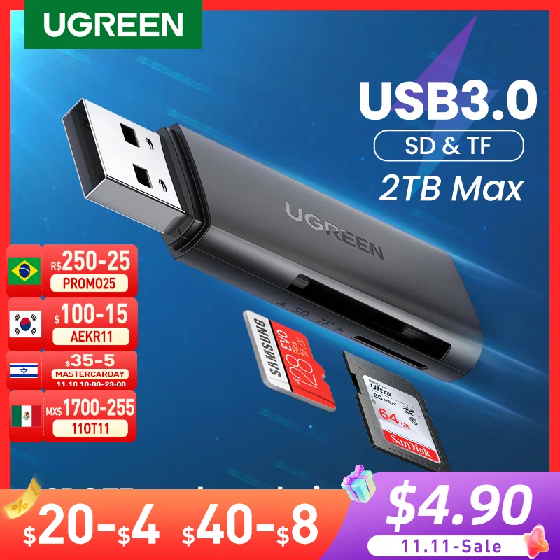 Ugreen leitor de cartão usb 3.0 para sd micro sd tf adaptador de cartão de memória para computador portátil acessórios multi smart cardreader leitor de cartão